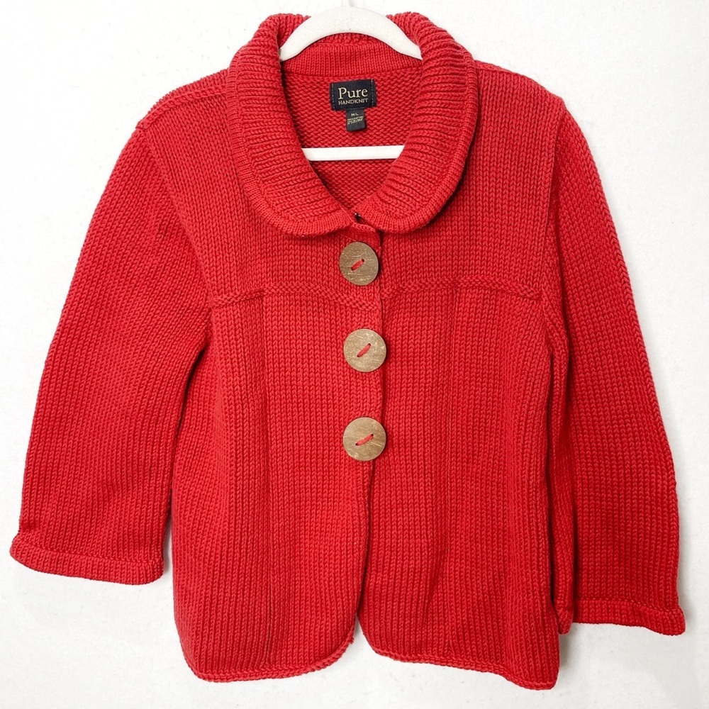 Pure Handknit Poppy Red 100% Cotton Knit by Hand Cardigan Sweater Large Buttons